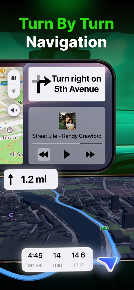 Car Play Connect: Sync My Auto - The app offers precise turn-by-turn directions displayed prominently with a clear instruction card, complemented by an integrated music player and real-time arrival estimations on a dynamic 3D map.