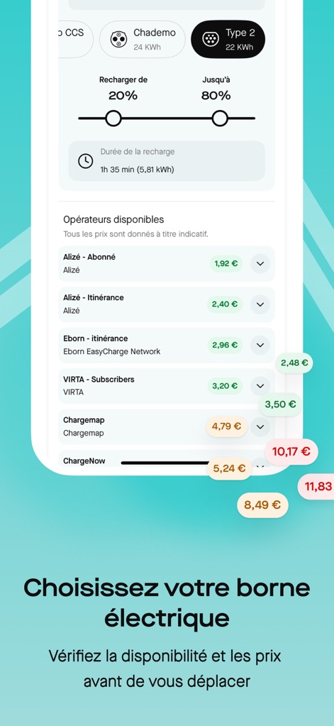 Roole Map : Borne & Navigation - Review essential EV charging details, including various connector types and flexible charging percentage sliders, along with a comprehensive list of operator prices.