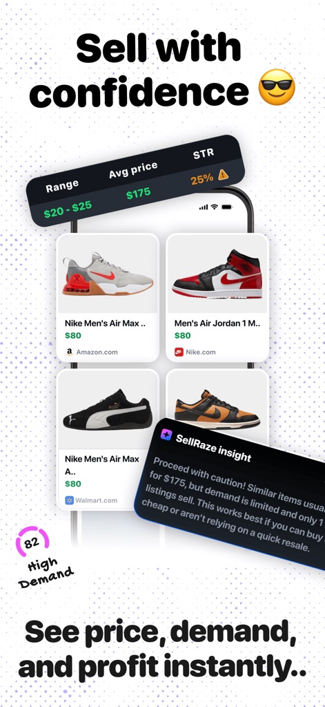 SellRaze: List, sell, earn - This tool empowers users with accurate pricing information, showcasing an average price of "$175" and crucial "SellRaze insight" notes for strategic selling.