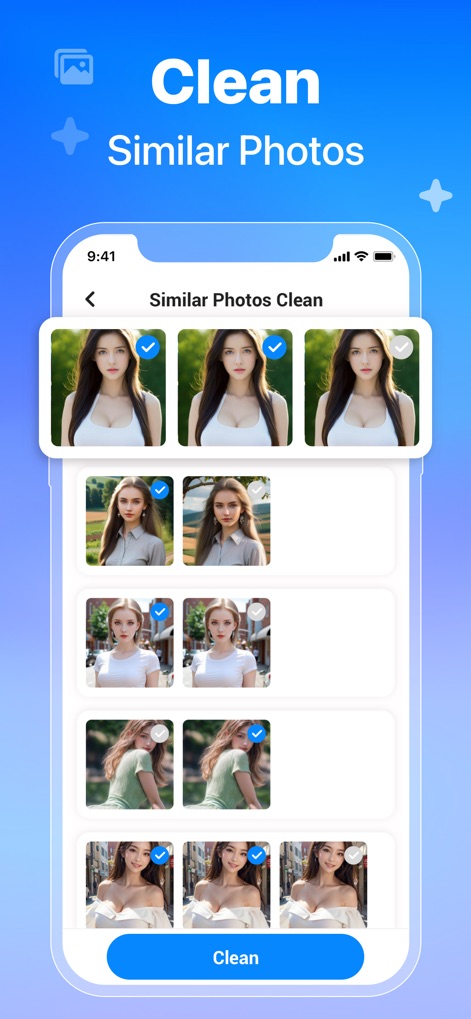 AI Cleaner : Clean Storage - Observe how the app simplifies decluttering with its 'Similar Photos Clean' feature, allowing users to effortlessly select duplicate images from a gallery view using intuitive selection checkboxes for quick removal.