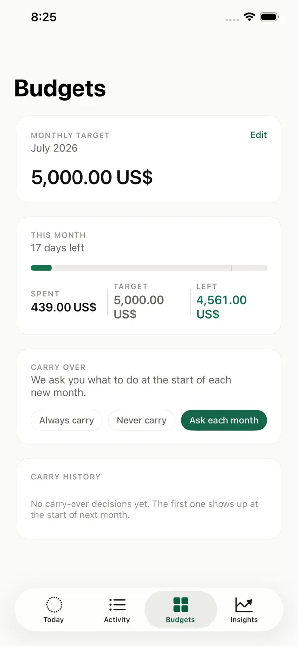 Jot budgets screen for setting monthly spending categories