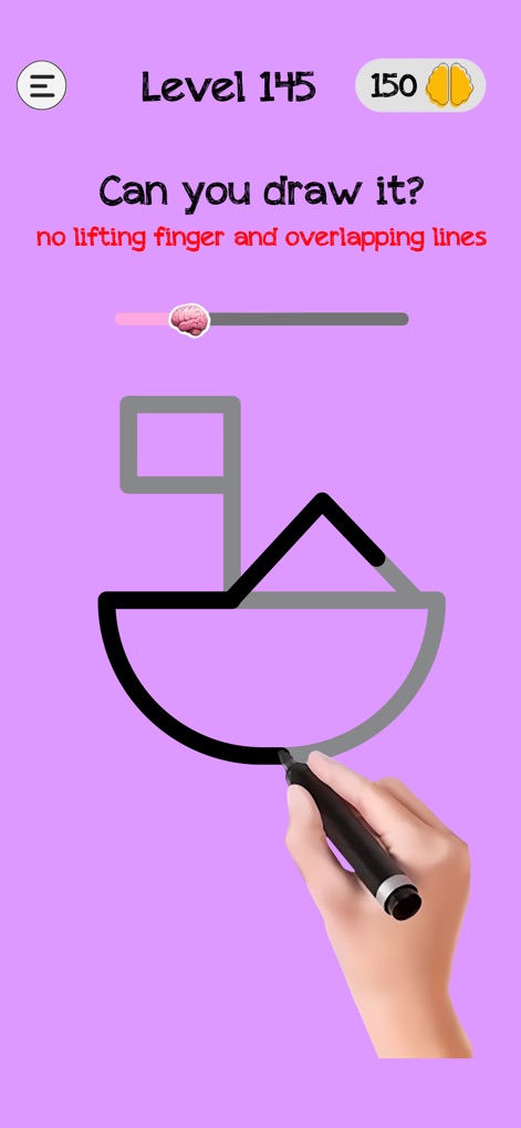Braindom: Brain Games Test Out - Die App fordert Nutzer heraus, ein Objekt wie ein Schiff zu zeichnen, wobei die Hand, die den Stift führt, und das teilweise gezeichnete Objekt im Mittelpunkt stehen.