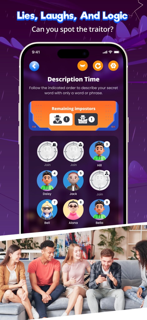 Uncover Lies: Imposter Game - Observers can review the "Description Time" screen, showing individual player avatars and the crucial "Remaining impostors" count for strategic decision-making.