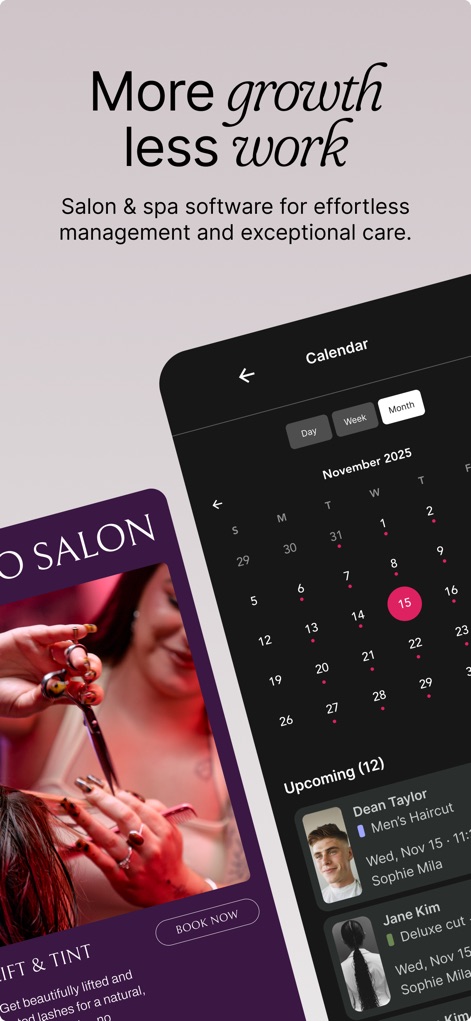 GlossGenius: Booking, Payments - La aplicación ofrece una interfaz de calendario mensual para visualizar compromisos y una sección detallada de citas futuras, facilitando la planificación.