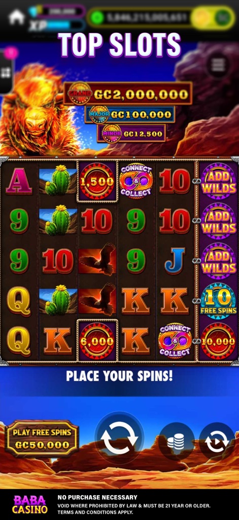 Baba Casino & Wild Slots - This tool showcases a variety of slot machines, featuring dynamic symbols like buffalo and eagles, alongside clearly visible jackpot indicators such as the 'Major' and 'Minor' prizes.