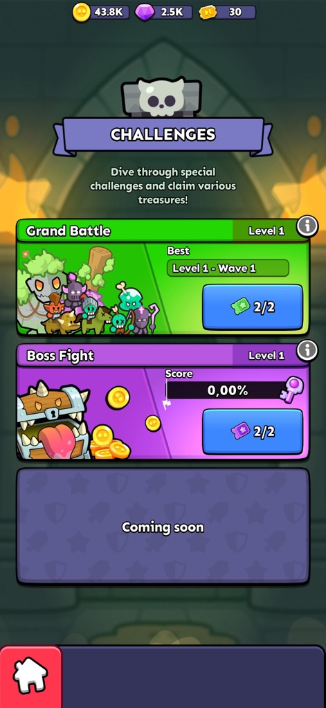 Fortress Merge - 이 스크린샷은 'CHALLENGES' 메뉴를 통해 '그랜드 배틀' 및 '보스전'과 같은 특별한 게임 모드를 제시하여, 사용자가 다양한 방식으로 실력을 시험하고 보상을 획득할 수 있도록 합니다.