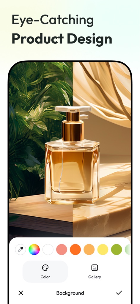 AnyEraser: Remove Objects AI - The app allows for professional product presentation, featuring a split background view and an intuitive color picker for customization.