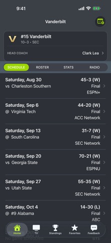 Vanderbilt Football Schedules app screenshot