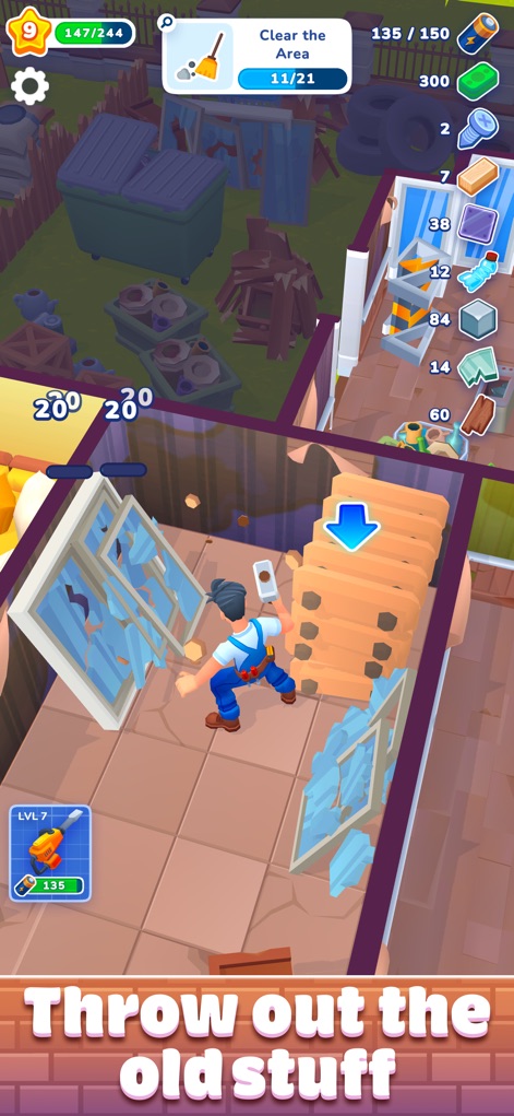 Renovation Day: House Makeover - La imagen ilustra al personaje demoliendo una ventana rota y el entorno caótico con escombros y un contenedor de basura, resaltando el proceso de desorden inicial antes de la renovación.