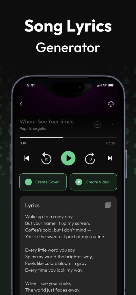 Beatron : AI Song, Music Maker - Der "Song Lyrics Generator" zeigt die Wiedergabe eines Songs mit angezeigtem Text und bietet Optionen, direkt aus diesem Screen heraus ein "Create Cover" oder ein "Create Video" zu starten.