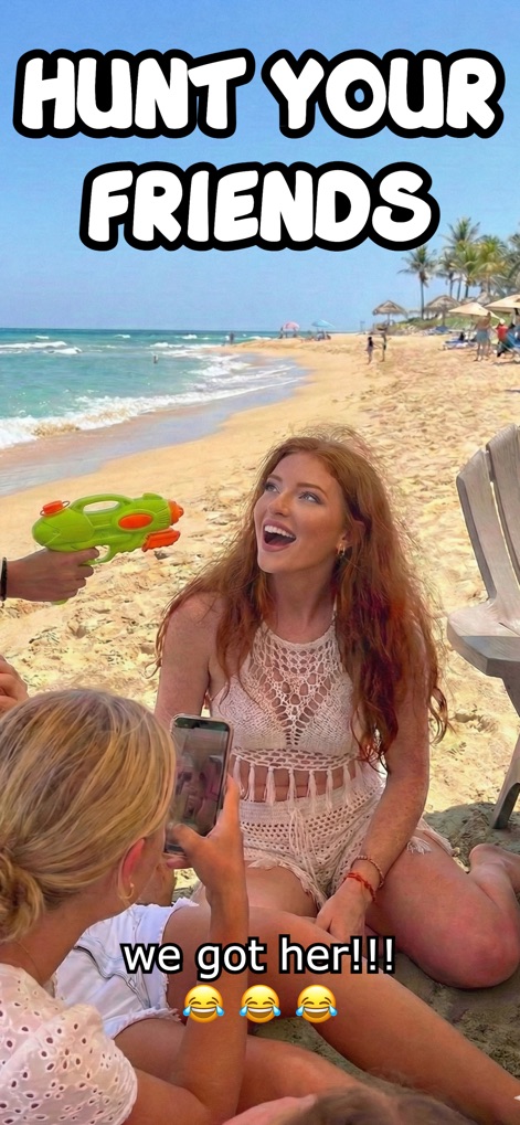 Senior Assassin - Observe the thrill of real-world eliminations with a water gun in a fun, social beach setting, highlighted by the enthusiastic 'we got her!!!' text.