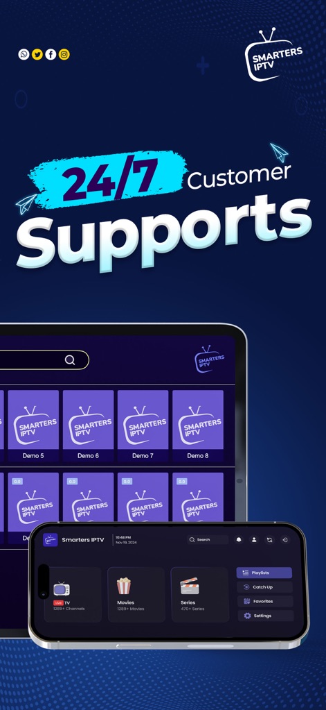 Smarters IPTV Player - Il servizio clienti è disponibile 24/7, garantendo assistenza continua, mentre l'interfaccia include opzioni come "Playlists" e "Settings" per una gestione personalizzata dei contenuti.