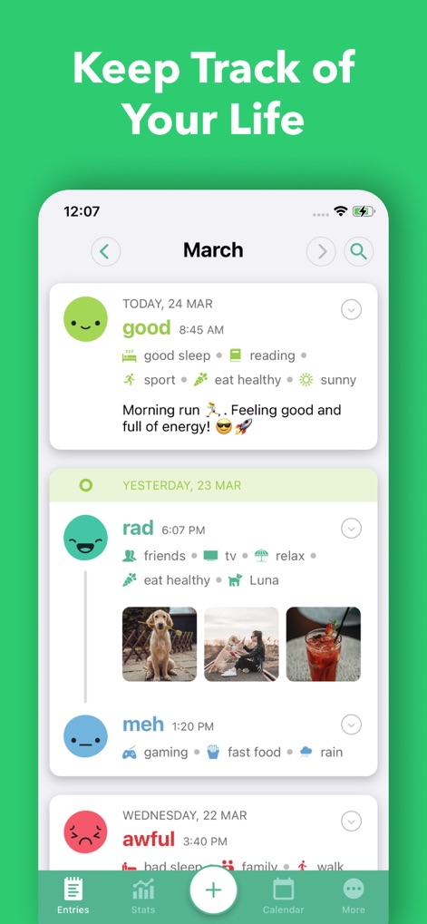 Daylio Journal - Mood Tracker - The app provides a detailed timeline view of past entries, combining logged moods with a rich display of associated activities and optional photo attachments.
