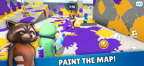 Battle Gang－Beast Fight Games - Users experience a vibrant game mode where a green chameleon character wields a paint gun, leaving extensive paint splatters across the concrete arena walls and ground.