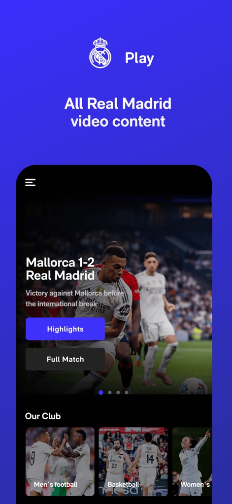 RM Play - La aplicación ofrece acceso instantáneo a partidos destacados y a las categorías de equipos (fútbol masculino, baloncesto y femenino) para una navegación sencilla.