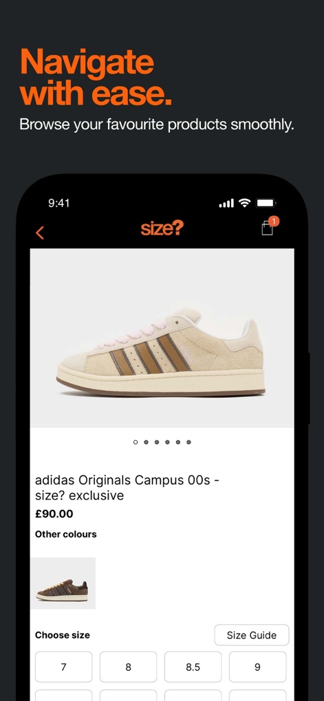 size? - Eine detaillierte Produktansicht präsentiert den Adidas Originals Campus 00s mit verschiedenen Farboptionen und einer klaren Größenauswahlfunktion für eine einfache Navigation.