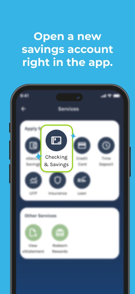 Security Bank App - Discover how users can easily open a new savings account directly within the app, highlighting the 'Checking & Savings' option on the 'Services' screen.