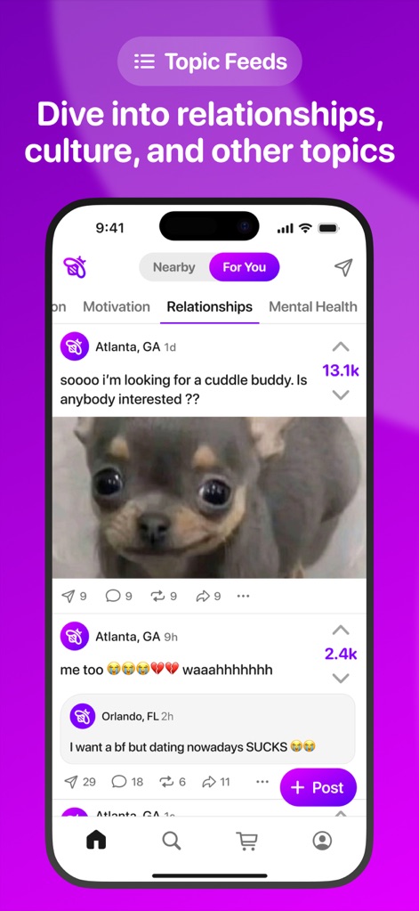Fizz: Your Authentic Community - Dive into curated interest streams by filtering for topics like 'Relationships' and engaging with diverse, media-rich posts, including images and text.
