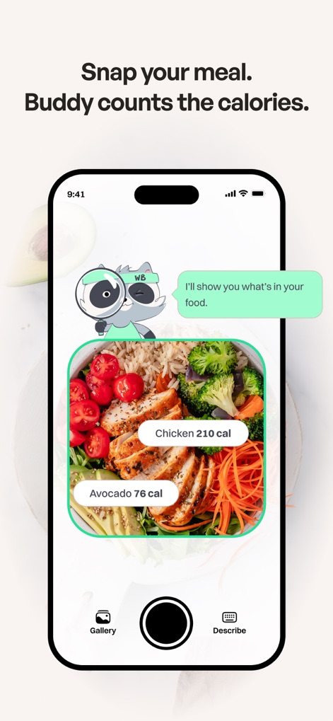 WeightBuddy: Calorie Tracker - The app's AI calorie tracker instantly analyzes meals from a photo, providing calorie estimates for specific food items and guidance from Buddy.