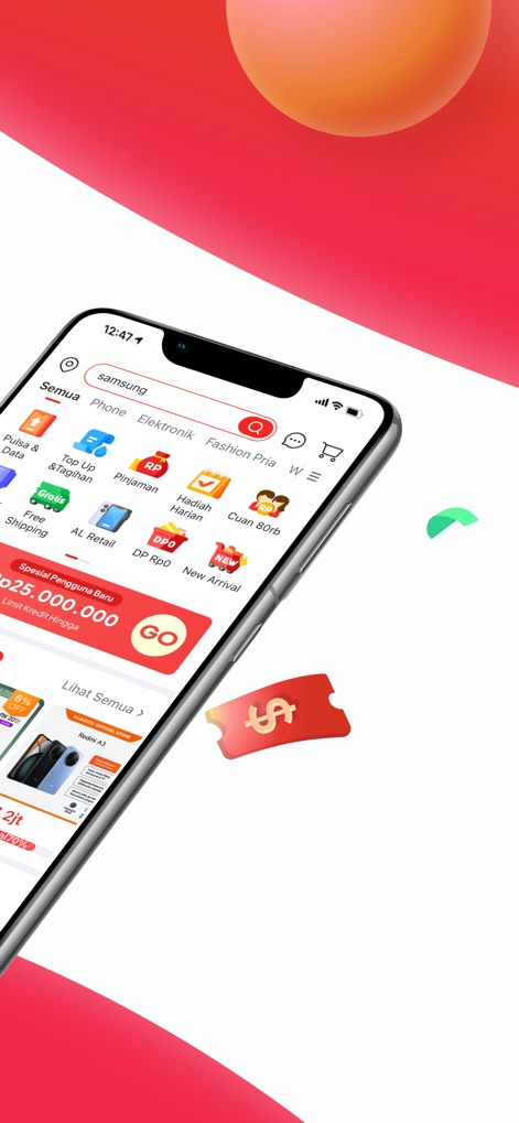 Akulaku-Installment Shopping - Users can quickly locate items using the comprehensive search bar and easily access various financial services through the organized quick access menu.