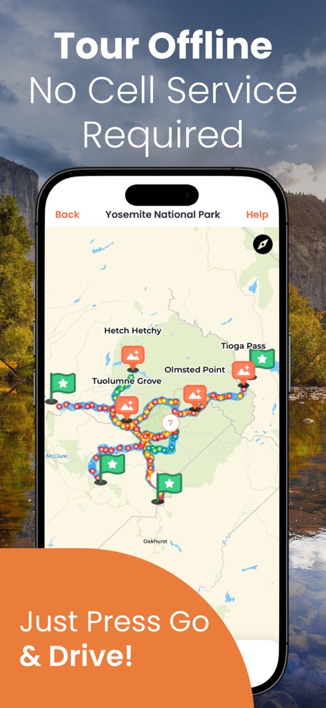 Yosemite GyPSy Guide Tour - Gli utenti possono esplorare il parco con una mappa dettagliata che funziona offline, permettendo di avviare la guida con un semplice "Just Press Go & Drive!".