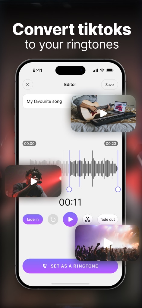 VibeCall - Ringtone Maker - This tool highlights its intuitive editor, allowing users to precisely trim audio using the visual waveform display and refine selections with dedicated "fade in" and "fade out" controls.