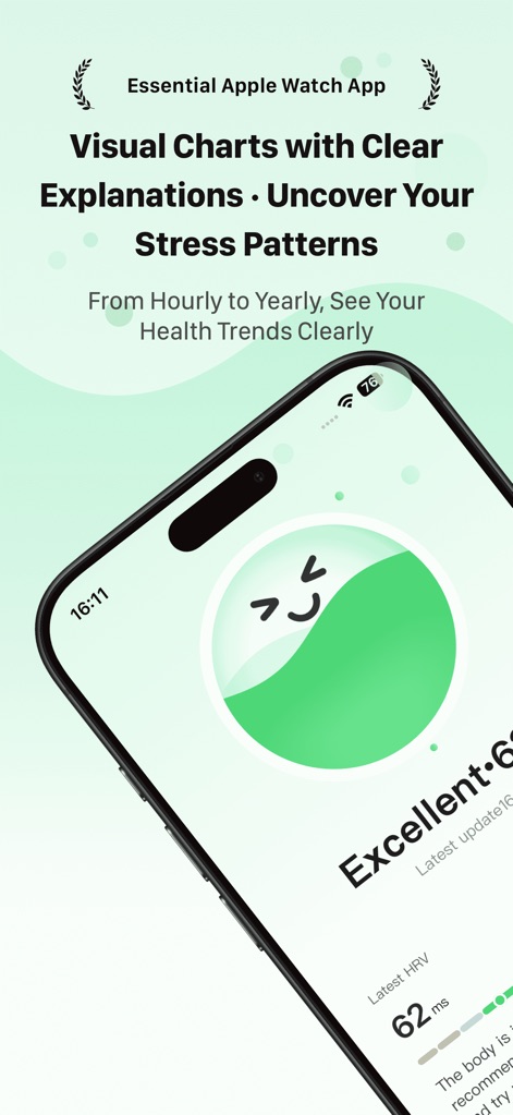 RelaxWatch: Stress&HRV Tracker - このアプリは、笑顔のアイコンと共に「Excellent」と表示されるHRVステータスで現在の状態を示し、ユーザーは詳細なHRV数値と説明文から自身のストレスパターンを深く理解できます。