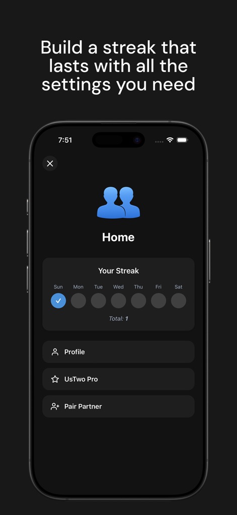 UsTwo - Draw Together - The app features a clear daily streak tracker to encourage consistent interaction, complemented by accessible profile settings for managing user preferences.
