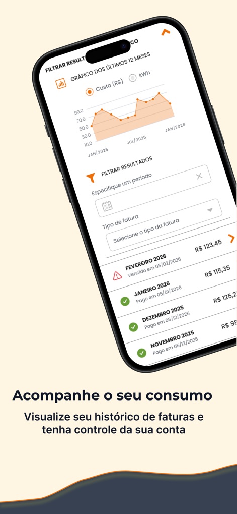 Copel - O aplicativo exibe um "Gráfico dos Últimos 12 Meses" para monitoramento e permite "Filtrar Resultados" por período, conferindo ao usuário controle sobre seu histórico energético.