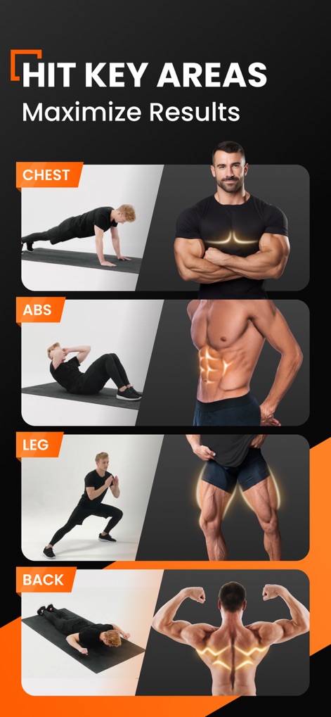 Home Workout for Men - The app provides dedicated sections for specific muscle group highlights and clear exercise demonstrations to maximize training effectiveness.