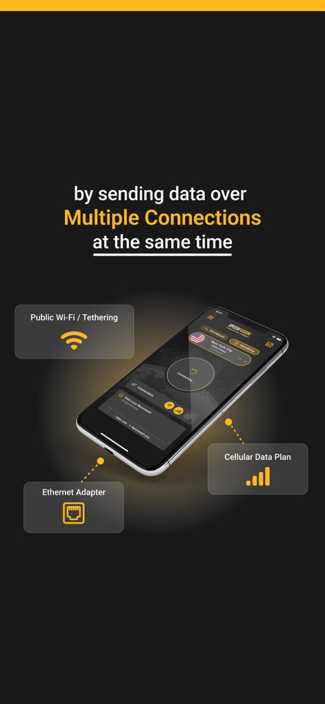 SpeedFusion Connect - Understand the app's capability to aggregate diverse internet sources, including 'Public Wi-Fi / Tethering' and 'Cellular Data Plan'.