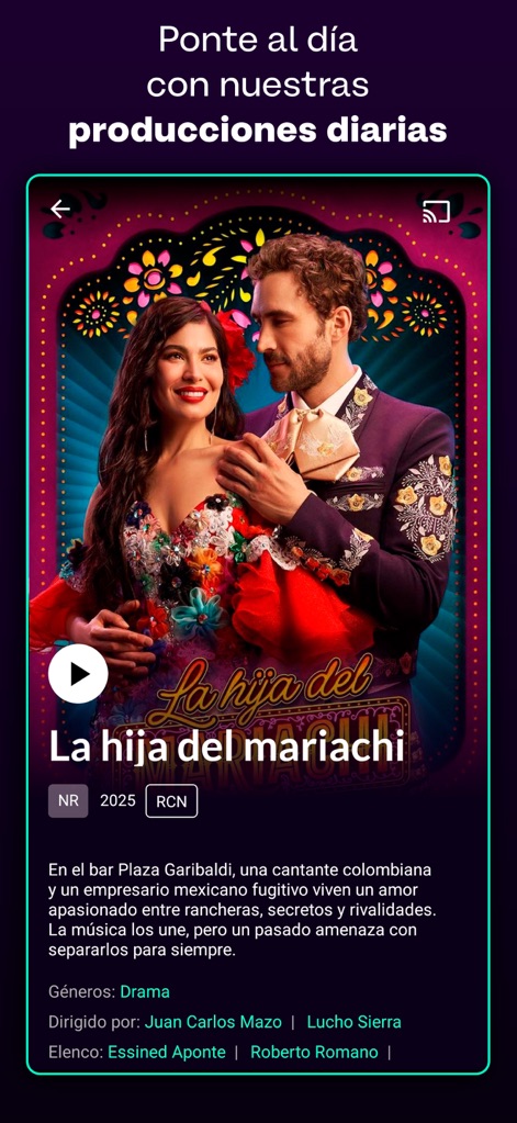Canal RCN - This tool highlights captivating dramas, showcasing the vibrant artwork for "La hija del mariachi" and a detailed list of key cast members.