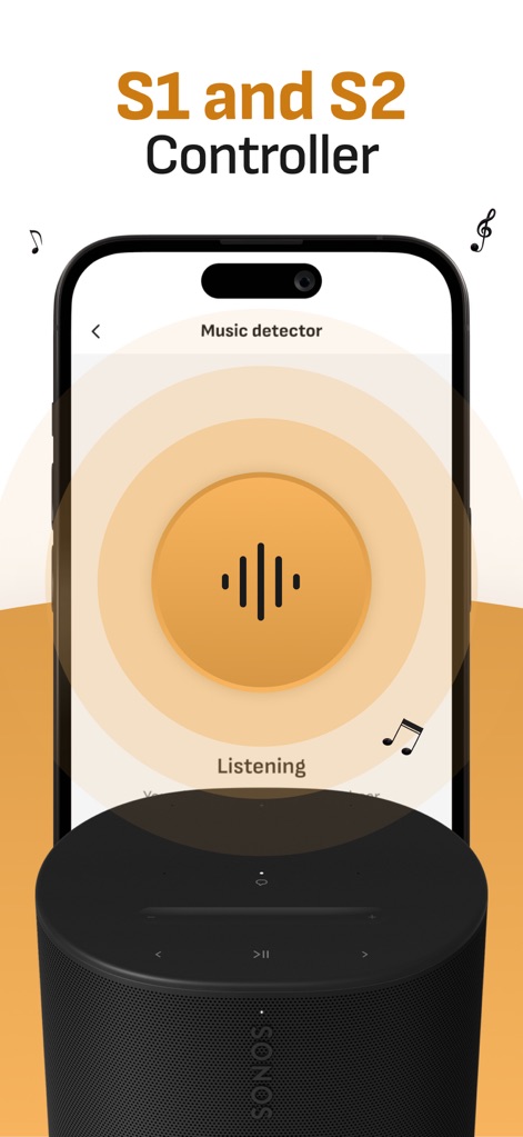 Sonos S1・S2 Speaker Controller - The app reveals its innovative "Music detector" feature, displaying a dynamic soundwave animation as it actively identifies playing tracks around users.
