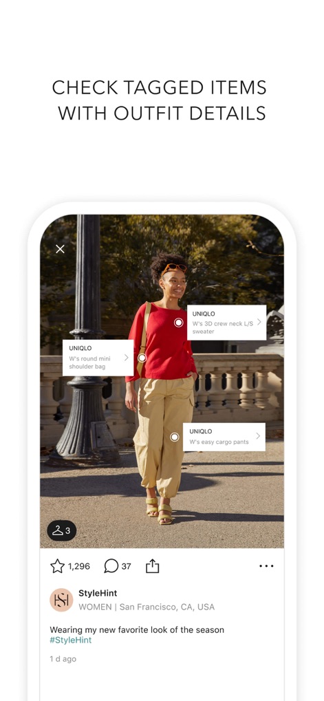 StyleHint: Style search engine - The app offers an in-depth look at styles with interactive product tags for specific "UNIQLO" items, complemented by visible "likes" and "comments" to gauge popularity.