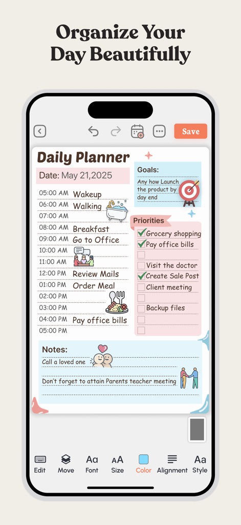 Daily Planner & To Do List - L'app aiuta a organizzare la giornata con sezioni dedicate a obiettivi e priorità, presentate in un design estetico e personalizzabile che rende la pianificazione un piacere.