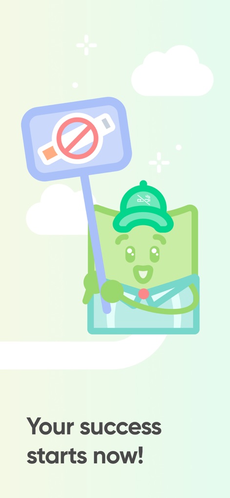 Quit smoking for good - Kwit - La imagen finaliza con un mensaje inspirador y un personaje animado sosteniendo un signo de prohibición, simbolizando el éxito y el apoyo en el camino hacia una vida sin tabaco.