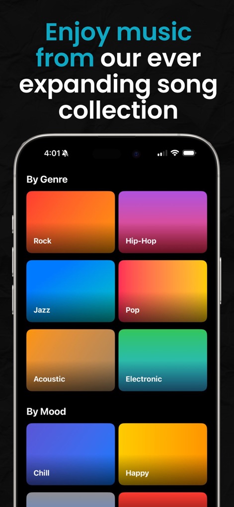 Connect headphones and speaker - Users can dive into an ever-expanding song collection, easily categorized by vibrant genre tiles and distinct mood selections for personalized discovery.