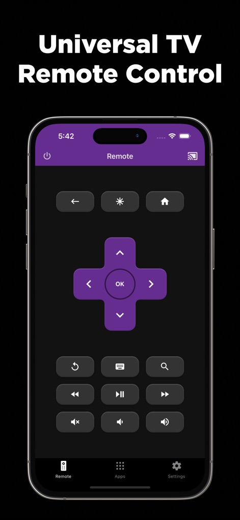 TV Remote - Universal - La aplicación ofrece un control remoto completo, permitiendo a los usuarios navegar con su D-pad central y gestionar la reproducción de contenido mediante sus botones de control multimedia dedicados.