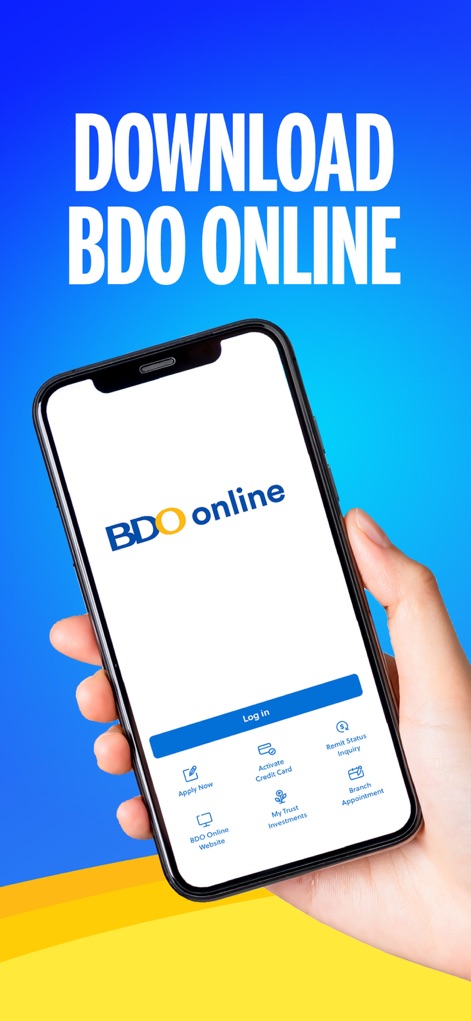 BDO Online - The app's initial login interface provides secure authentication and direct links to essential services like 'Apply New' and 'Branch Appointment' for added convenience.
