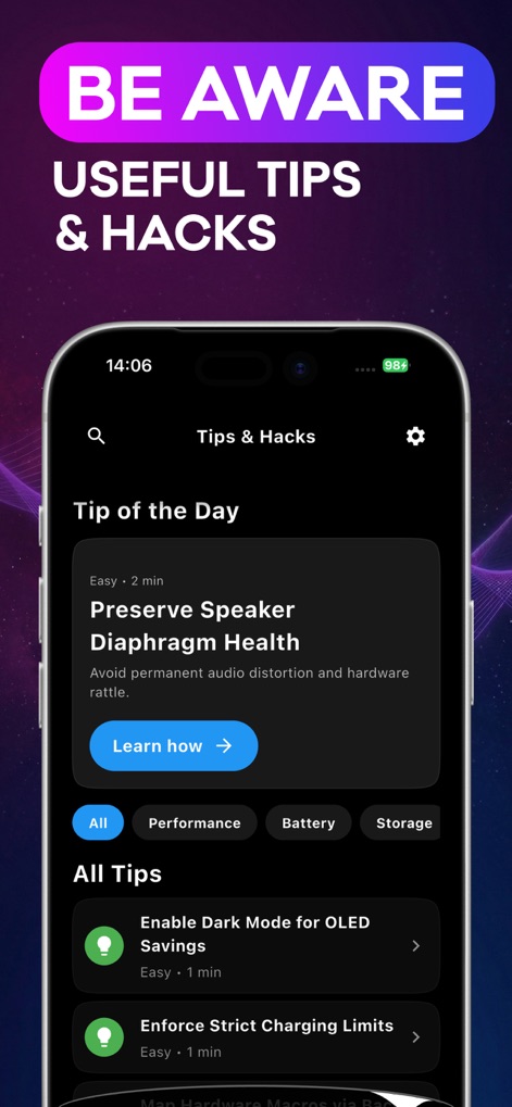 Water Eject ~ Speaker Wizard - Navigate the "Tips & Hacks" section to uncover invaluable advice, such as "Preserve Speaker Diaphragm Health" and other categorized maintenance suggestions.