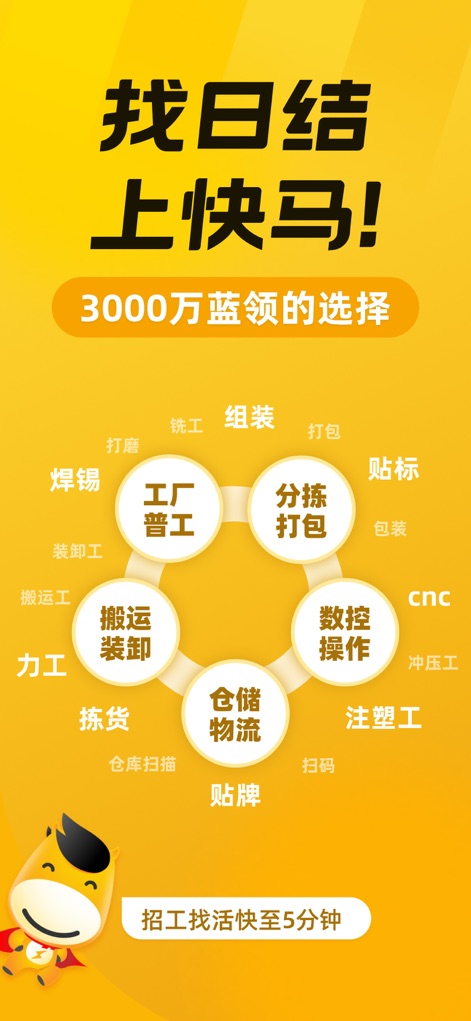 快马日结-招工找活临时工找工作日结兼职招聘平台 - 이 앱은 다양한 직종을 카테고리화하여 보여줍니다. 예를 들어, '공장 단순직' (工厂普工)과 '분류 포장' (分拣打包)과 같은 주요 업무 유형을 시각적으로 분류하여 사용자가 필요한 일자리를 빠르게 탐색할 수 있도록 합니다.