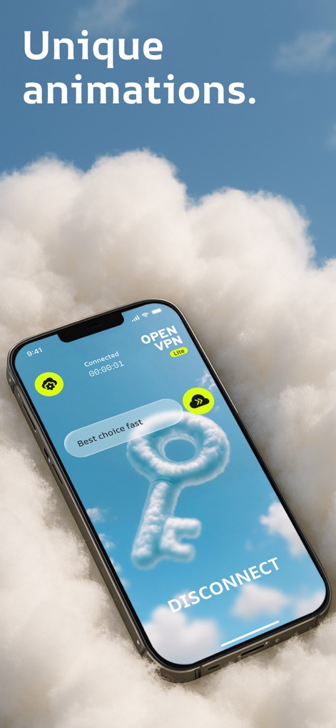 VPN Lite - FREE VPN OPEN ™ - Voyez comment cet outil visualise la connexion réussie grâce à l'indicateur 'Connected' accompagné d'un chronomètre et l'animation unique d'une clé, symbolisant la sécurité et la liberté d'accès.