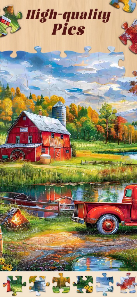 Jigsaw Master - Jigsaw Puzzles - Experience crystal-clear 'High-quality Pics' with vibrant colors and intricate details, such as the reflection in the water and the textured barn.