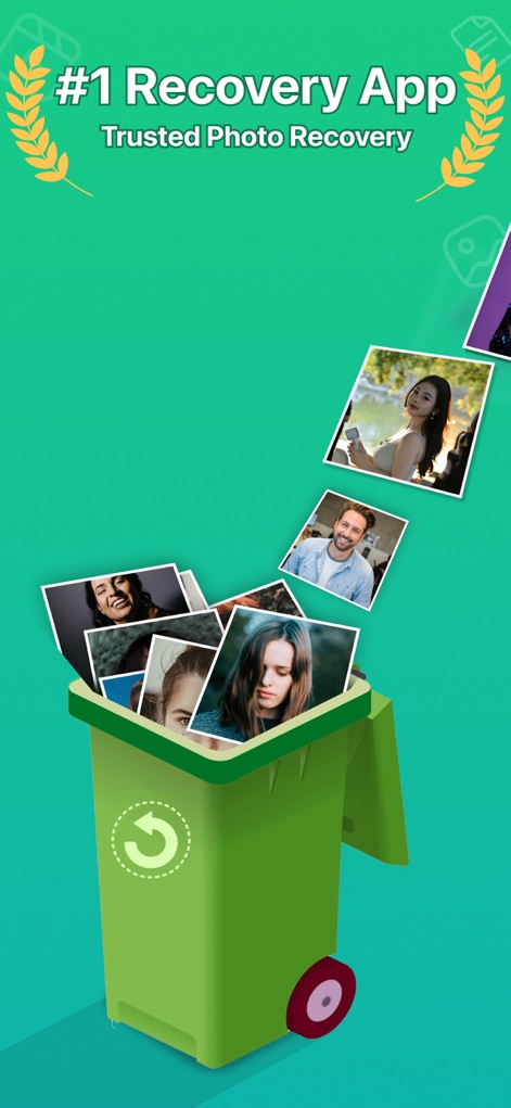 Photo Recovery: Restore Pics - O aplicativo se destaca como a ferramenta principal para restauração de fotos, simbolizando a recuperação de memórias excluídas com fotos emergindo de uma lixeira.