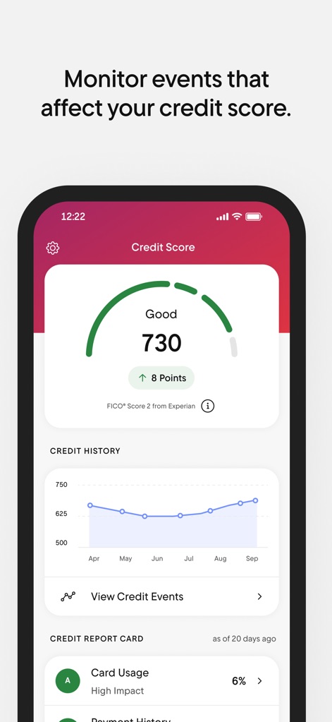 Rocket Money - Bills & Budgets - The app provides a clear credit score monitor with a visual dial indicating current standing, complemented by a historical credit history line graph for trend analysis.