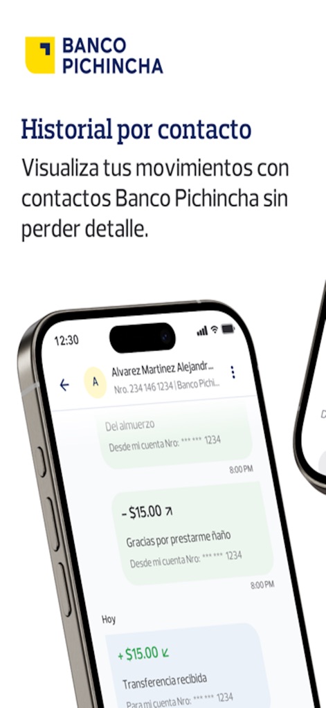 PICHINCHA BANCA MOVIL - La aplicación permite visualizar transacciones como conversaciones con contactos, detallando el monto y la descripción de cada movimiento en un formato intuitivo.