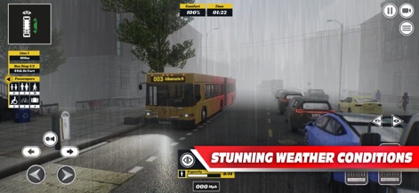 Bus Simulator PRO 2026 - As condições climáticas dinâmicas são ilustradas pela chuva intensa que molha o asfalto e pelos reflexos nas superfícies, transformando a paisagem urbana.
