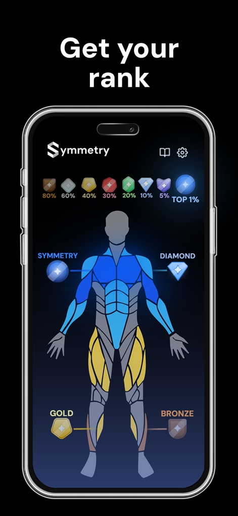 Symmetry: AI Gym Workout Log - Visualize your progress through the app's unique ranking system, showcasing individual muscle group development with distinct color-coded 'Gold' and 'Diamond' achievements.