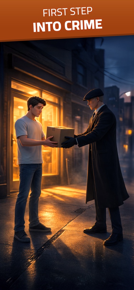 Pawn to Don Mafia Crime Story - The app vividly depicts the protagonist's initiation into crime through the shadowy figure and the clandestine package exchange.