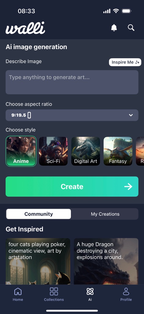 Walli: Cool Wallpapers HD, 4K - La aplicación permite a los usuarios ser creativos con su generador de arte con IA, ofreciendo la posibilidad de describir una imagen con texto y elegir entre múltiples estilos artísticos como Anime o Sci-Fi.
